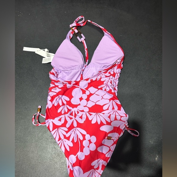 Trina Turk Bali Blossom Red Lavender High Leg One Piece Swimsuit $154 - Picture 7 of 9